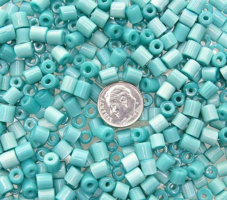 6mm (2mm hole) Sea Green Opal Glass Tile Beads 30 Grams (UM42) - Beads and Babble