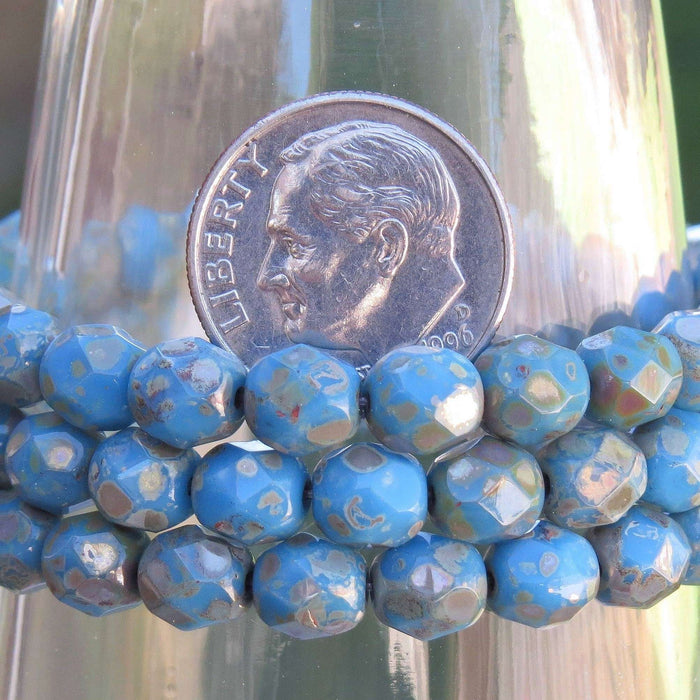 6mm Faceted Opaque Denim Blue Silver Picasso Czech Firepolish Glass Beads - Qty 25 (FP59) - Beads and Babble