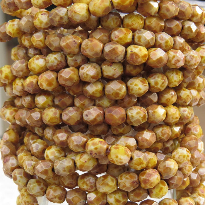 6mm Faceted Opaque Honey Wheat Picasso Czech Firepolished Glass Beads - Qty 30 (FP71) - Beads and Babble