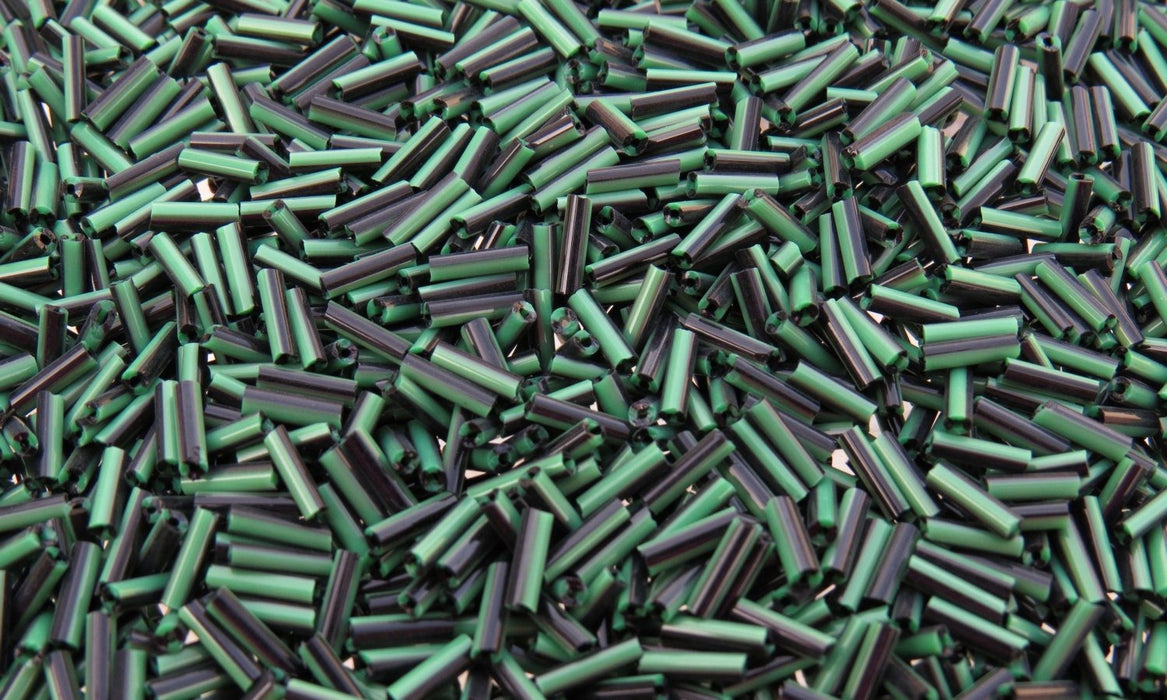 7x2mm Opaque Black and Green Striped Glass Bugle Beads 40 Grams (C561) - Beads and Babble
