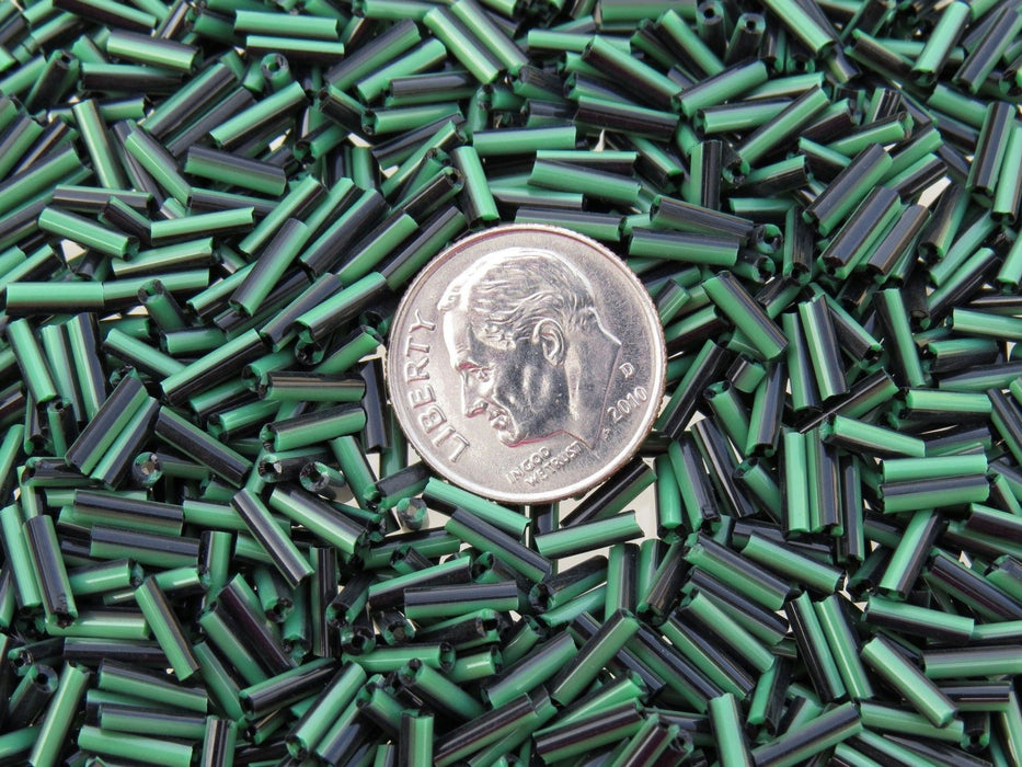 7x2mm Opaque Black and Green Striped Glass Bugle Beads 40 Grams (C561) - Beads and Babble