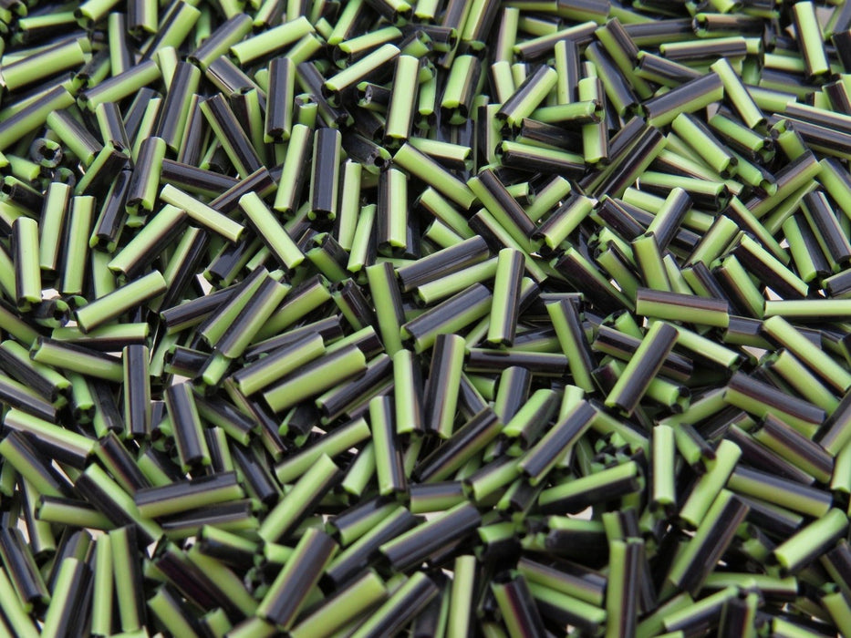7x2mm Opaque Black and Light Green Striped Glass Bugle Beads 40 Grams (C564) - Beads and Babble