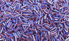 7x2mm Opaque Blue, Red and White Striped Glass Bugle Beads 40 Grams (C556) - Beads and Babble