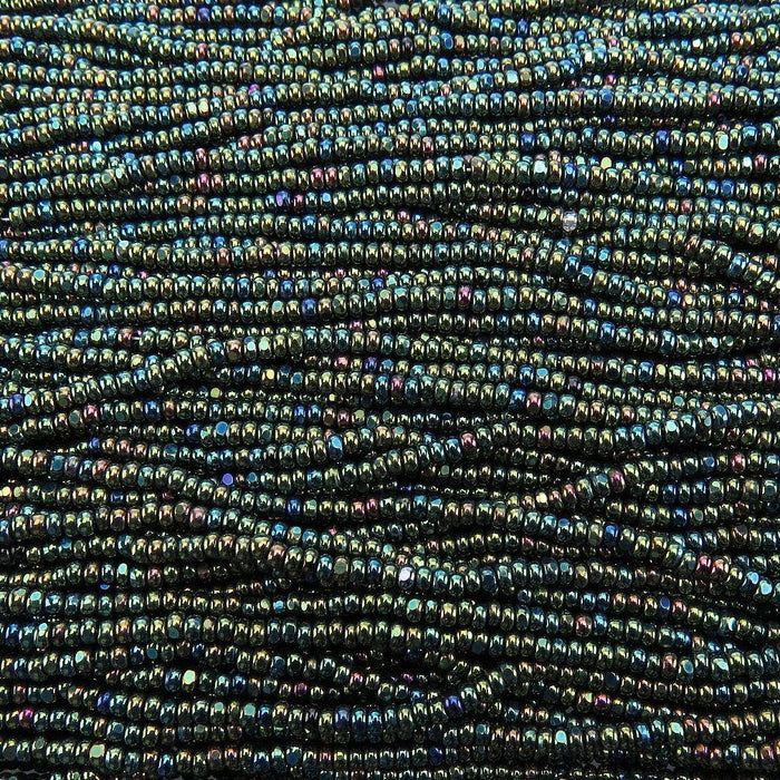 8/0 1 Cut Metallic Green Iris Czech Glass Charlotte Seed Bead Strand (8CUT18) SE - Beads and Babble
