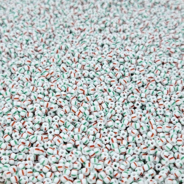 8/0 Opaque Opaque White, Green & Red Stripe Czech Glass Seed Beads 10 Grams (8CS171) - Beads and BabbleBeads