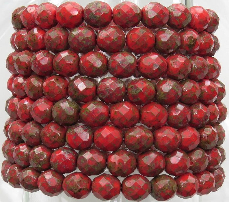 8mm Faceted Opaque Coral Picasso Czech Firepolished Glass Beads - Qty 25 (FP08) - Beads and Babble
