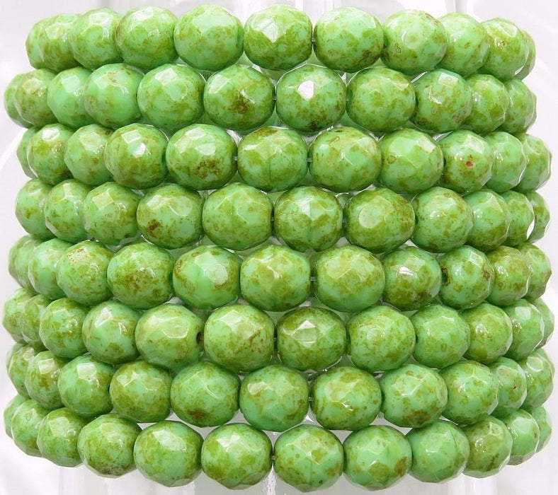 8mm Faceted Opaque Light Green Picasso Czech Firepolished Glass Beads - Qty 25 (FP09) - Beads and Babble