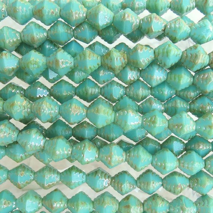 8mm Opaque Green Turquoise Picasso Edged Table Cut Firepolish Czech Glass Bicone Beads - 7 Inch Strand (XAW158) - Beads and Babble