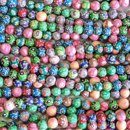 8mm Polymer Clay Opaque Floral Color Mix Round Beads - 16 Inch Strand (CLAY02) - Beads and Babble