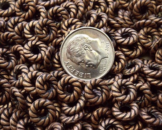 8x2mm (3mm hole) Antique Copper Alloy Metal Twisted Seamless Rondels - Qty 20 (MB180) - Beads and Babble