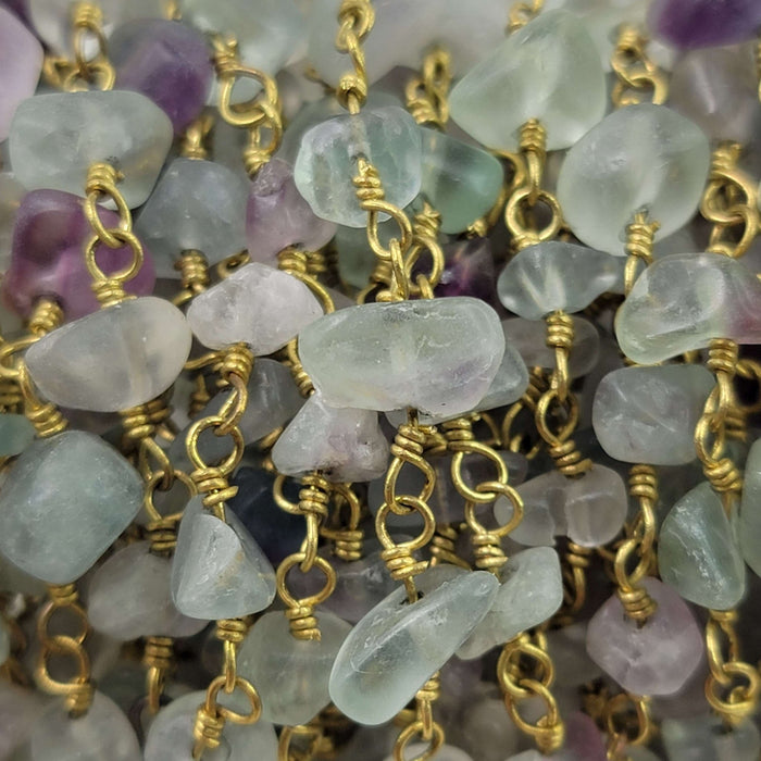 8x5mm to 9x4mm Natural Fluorite Gemstone Chips on Handmade Brass Metal Chain - Sold by the Foot - (GG24) - Beads and Babble
