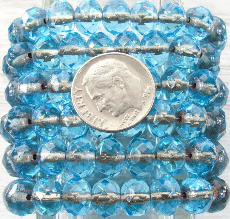 8x6mm Faceted Transparent Aqua Gold Lined Firepolish Czech Glass Rondell Beads - Qty 25 (FP44) - Beads and Babble