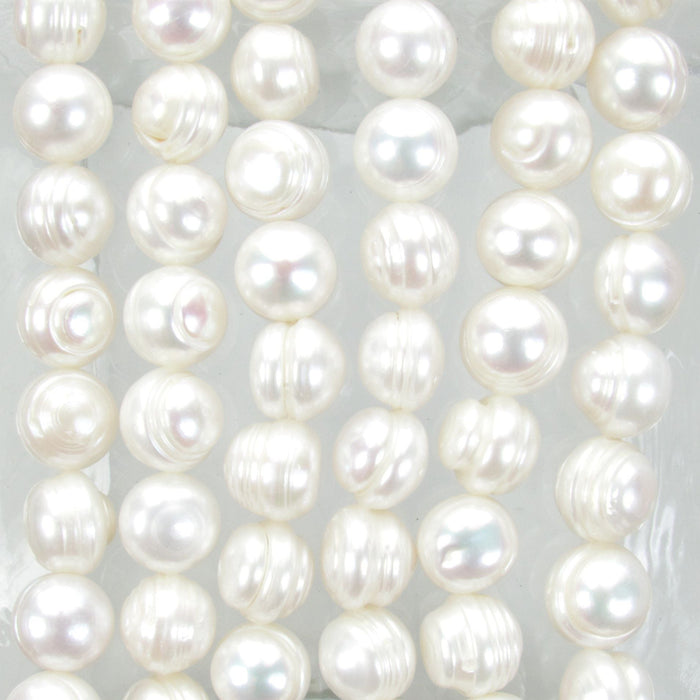 9mm to 10mm Off White Cultured Freshwater Ringed Off Round Pearl Beads - 16 Inch Strand (PRL12) - Beads and Babble