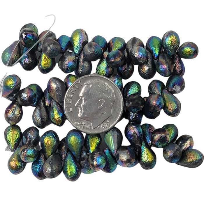 9x6mm Etched Metallic Vitrail Czech Glass Teardrop Beads - Qty 25 (DW8) - Beads and Babble