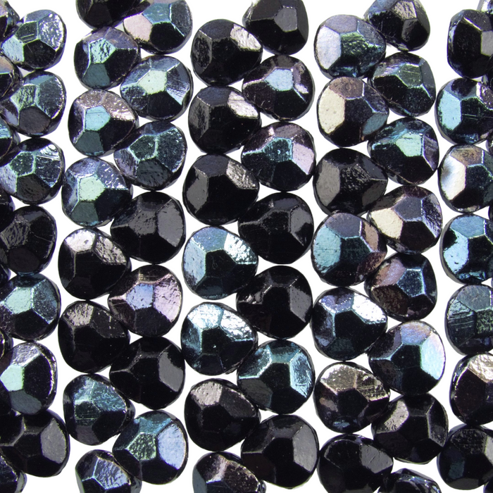 10x9mm Faceted Opaque Black Ice AB Czech Glass Briolette Drop Beads - Qty 15 (DRP48)