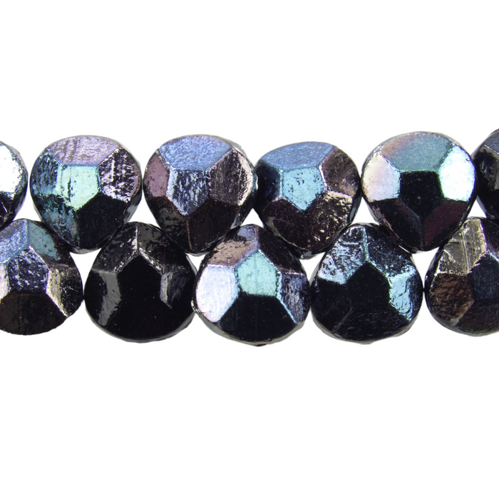 10x9mm Faceted Opaque Black Ice AB Czech Glass Briolette Drop Beads - Qty 15 (DRP48)