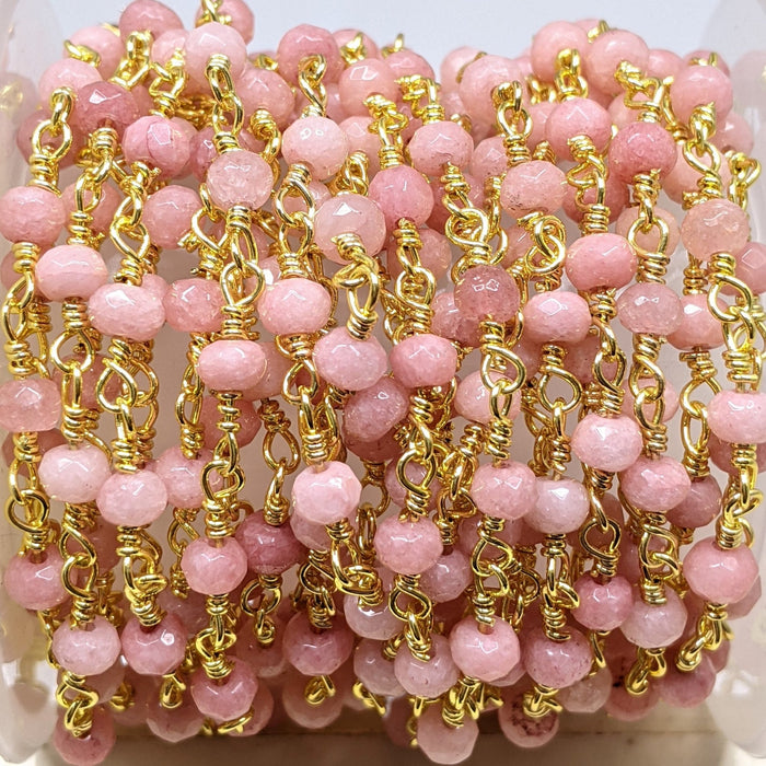 Baby Pink 4x3mm faceted Jade Gemstones on Handmade Brass Metal Chain - Sold by the Foot - (GG04) - Beads and Babble