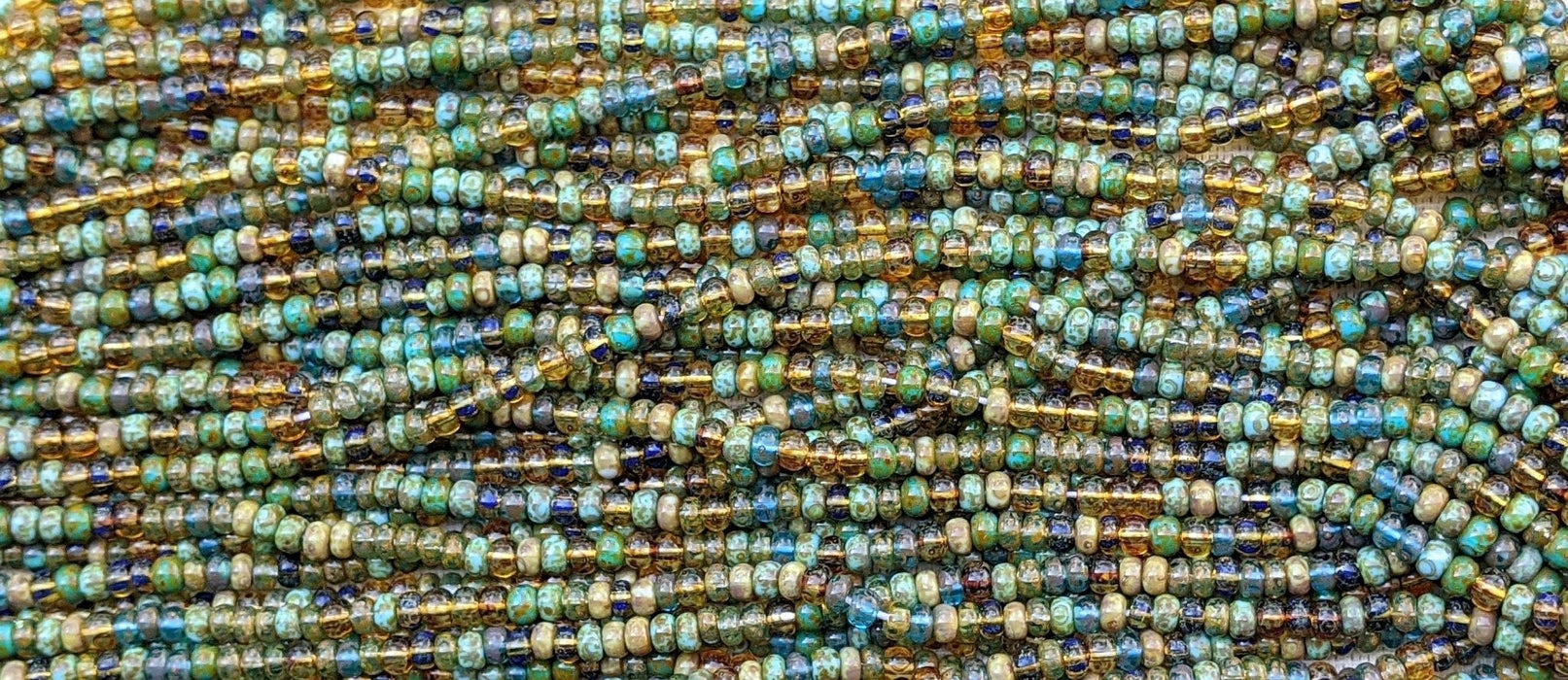 Gold & Turquoise Picasso Stripe Mix - Size 5/0 Czech Glass Seed Beads - 20 Inch Strand (BW80) - Beads and Babble