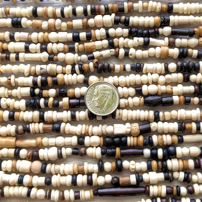 Hand Carved Small Assortment Mix #2 - Size 1mm to 6mm Water Buffalo Bone Beads - 36 Inch Stand (AW12) - Beads and Babble