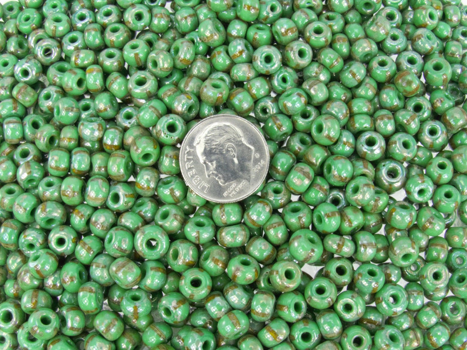 2/0 (6x4mm) Opaque Green Base With Brown Stripes Silver Picasso Czech Glass Seed Beads 20 Grams (2CS113) freeshipping - Beads and Babble