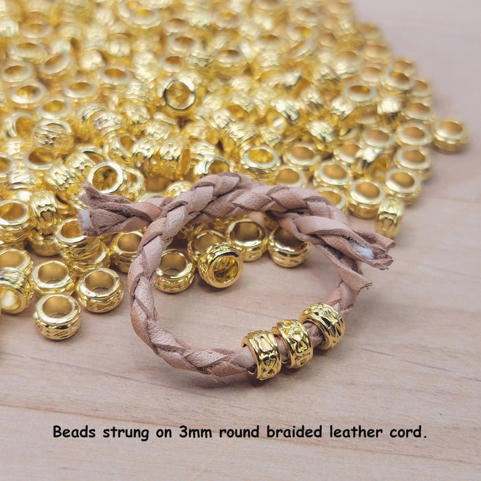 Large 3.5mm ID Hole 7x3.5mm Bright Gold Decorative Rondell Alloy Metal Beads - Qty 50 (MB378) - Beads and Babble
