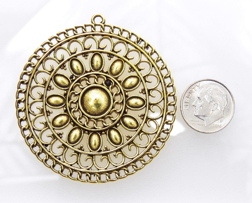 Large Aztec 55.5x53x2.5mm Antique Gold Alloy Metal Pendant - Qty 1 (MB338) - Beads and Babble