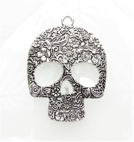 Large Floral Textured Skull Antique Silver 66x49x6mm Alloy Metal Focal Pendant - Qty 1 (MB330) - Beads and Babble