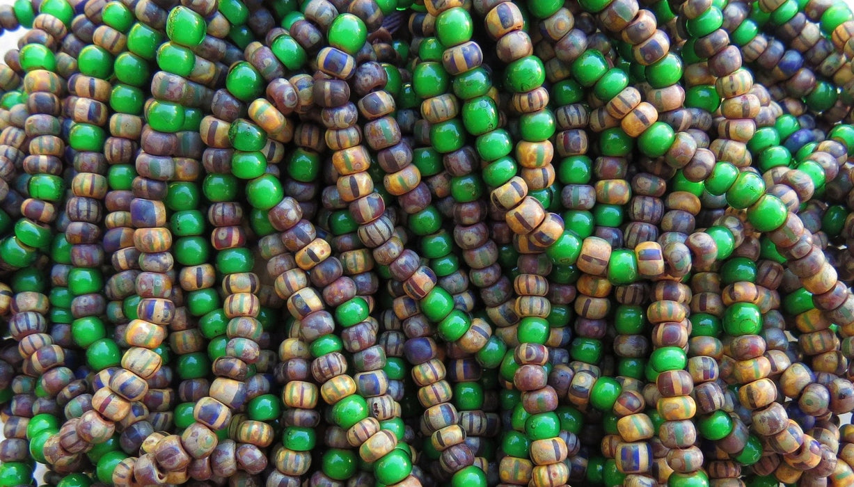 LIMITED STOCK - 6/0 Matte Aged Striped Picasso & Vibrant Green White Heart Czech Glass Seed Beads - 12 Strand Hank (BW67) - Beads and Babble
