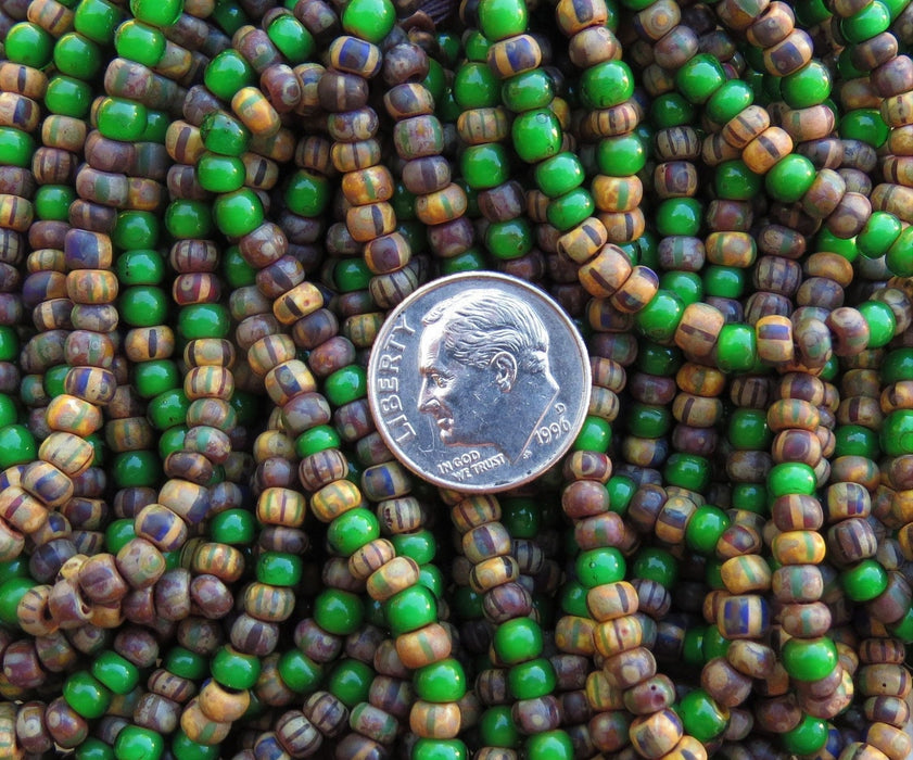 LIMITED STOCK - 6/0 Matte Aged Striped Picasso & Vibrant Green White Heart Czech Glass Seed Beads - 12 Strand Hank (BW67) - Beads and Babble