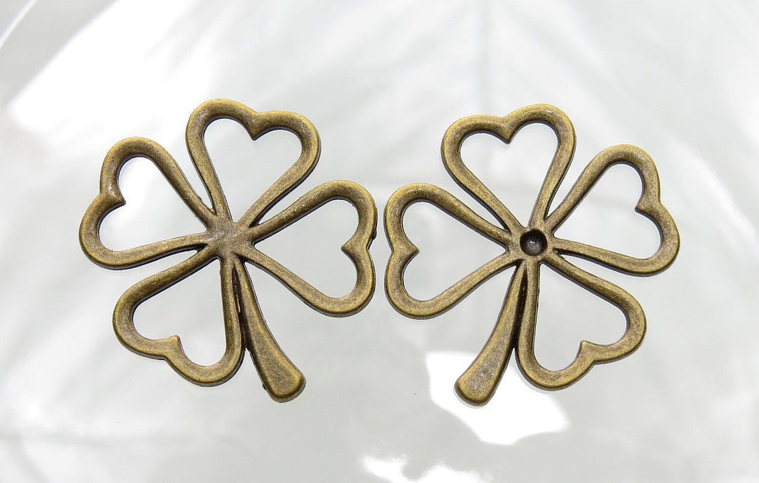 Lucky 4 Leaf Clover Antique Brass 32x30x2mm Alloy Metal Pendants/Links/Earring Findings - Qty 2 (MB75A) - Beads and Babble