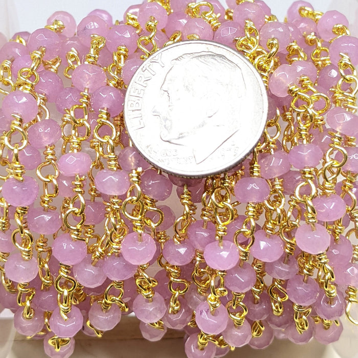 Mauve 4x3mm faceted Jade Gemstones on Handmade Brass Metal Chain - Sold by the Foot - (GG03) - Beads and Babble
