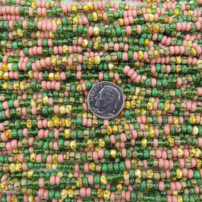 Opaque Dusty Rose & Green Turquoise Stripes Picasso Mix - Size 6/0 Czech Glass Seed Beads - 20 Inch Strand (BW60) - Beads and BabbleBeads