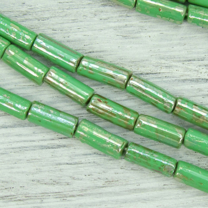 Opaque Green Silver Picasso - Size 9x4mm Czech Glass Bugle Beads - 20 Inch Strand (BW32) - Beads and Babble