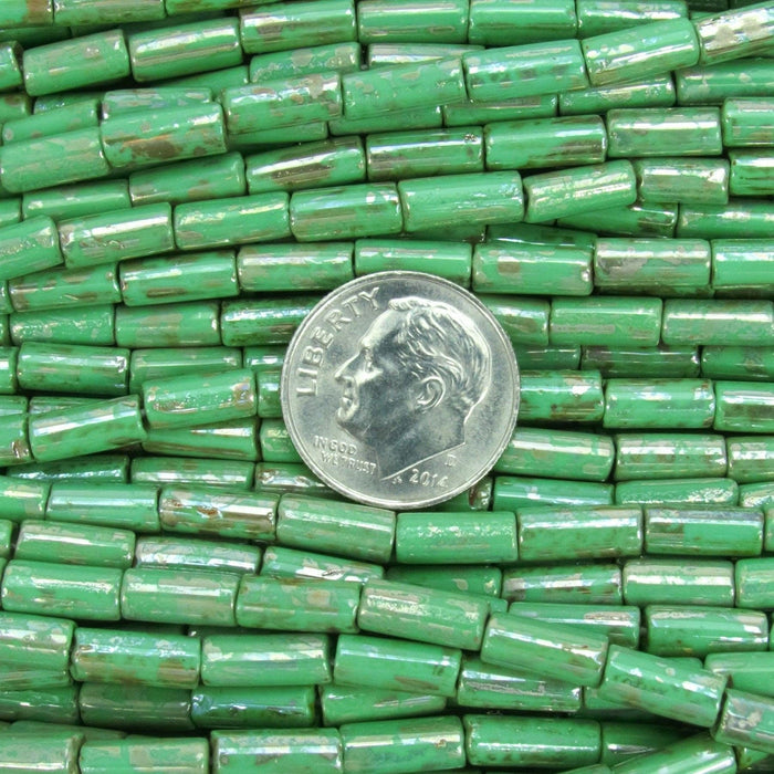 Opaque Green Silver Picasso - Size 9x4mm Czech Glass Bugle Beads - 20 Inch Strand (BW32) - Beads and Babble