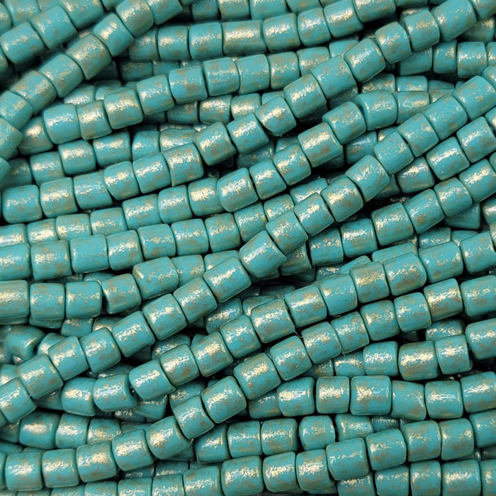 Opaque Green Turquoise Gold Wash - Size 4mm Czech Glass Tile Beads - 18 Inch Strand (BW95) - Beads and Babble