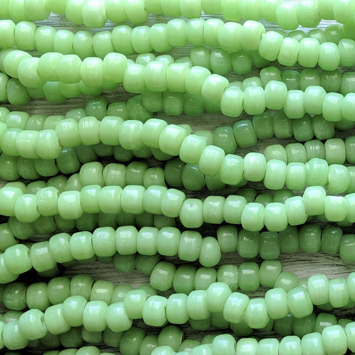 Opaque Light Green - Size 9x6mm (3mm hole) Recycled Glass Crow Beads - 24 Inch Strand (ICB07) - Beads and Babble