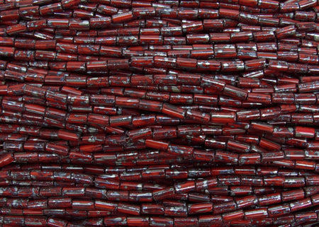 Opaque Red Silver Picasso - Size 9x4mm Czech Glass Bugle Beads - 20 Inch Strand (BW3) - Beads and BabbleBeads