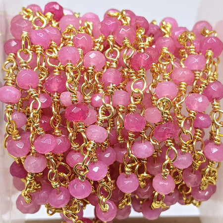 Pink 4x3mm faceted Jade Gemstones on Handmade Brass Metal Chain - Sold by the Foot - (GG05) - Beads and Babble