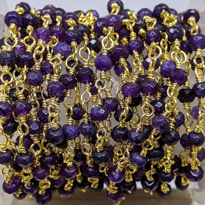 Purple 4x3mm faceted Jade Gemstones on Handmade Brass Metal Chain - Sold by the Foot - (GG07) - Beads and Babble