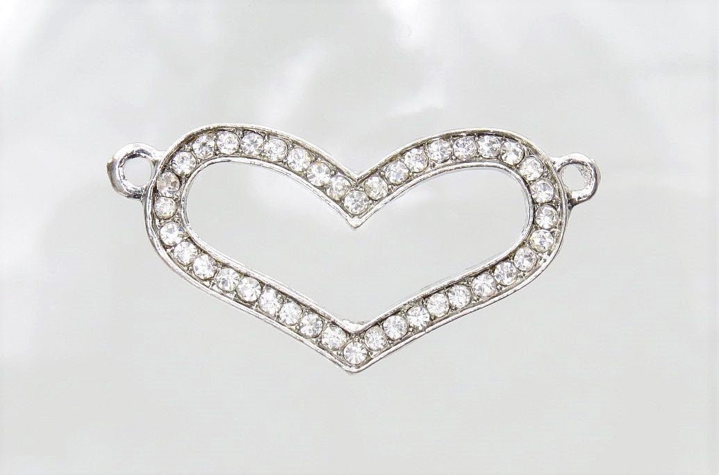 Rhinestone Heart Platinum 36x18mm Alloy Metal Pendant/Necklace Link/Bracelet Connector Findings - Qty 1 (MB25A) - Beads and Babble