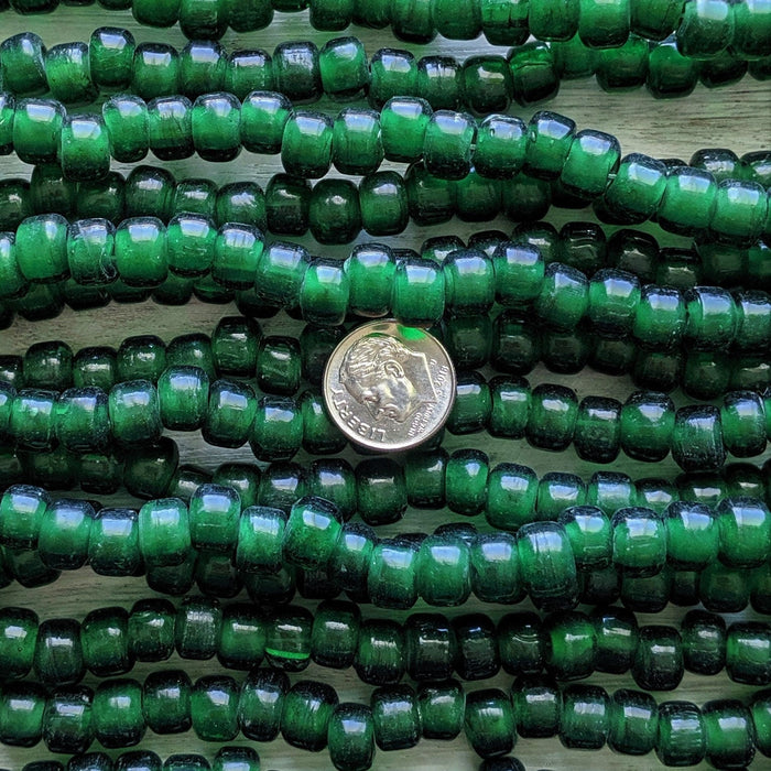 Transparent Dark Green - Size 9x6mm (3mm hole) Recycled Glass Crow Beads - 24 Inch Strand (ICB06) - Beads and Babble